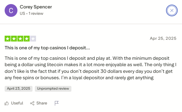 5-star Trustpilot review praising Adrenaline Casino's fast payouts and reliability