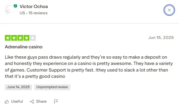 Canadian player testimonial highlighting quick cashouts at Adrenaline Casino