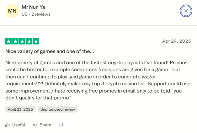 Trustpilot review rating overall Adrenaline Casino experience as excellent