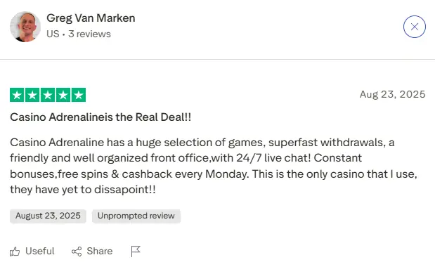 User review discussing generous welcome bonus and promotions at Adrenaline Casino