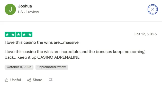 Verified player screenshot showing positive review for Adrenaline Casino Canada